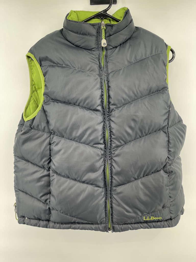 L.L. Bean Gray Goose Down Reversible Quilted Puffer Vest Khaki Green Womens Lg